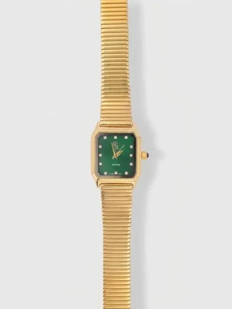 Montre ÉLÉNA en acier inoxydable doré avec cadran vert.