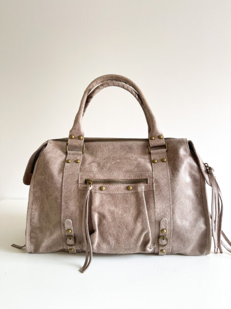 sac à main en cuir beige – Style cabas tendance avec poches et détails métalliques