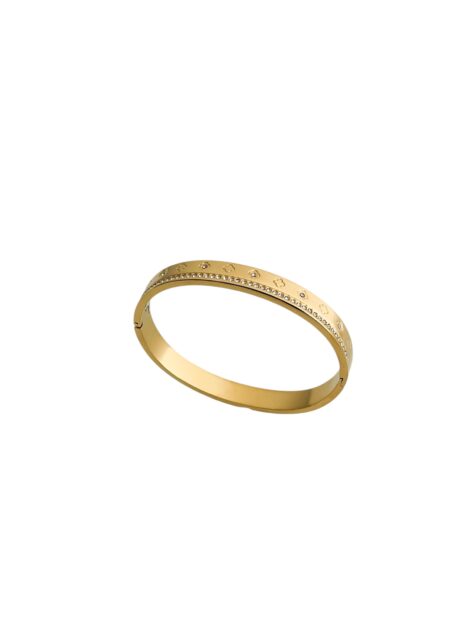 Bracelet jonc doré en acier inoxydable – Motifs trèfles et strass