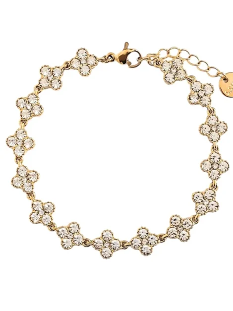 Bracelet doré femme avec fleurs serties de pierres claires – en acier inoxydable ajustable