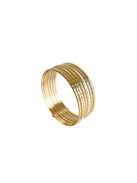 Bracelet jonc doré femme composé de fines bandes parallèles texturées – bijou élégant en acier inoxydable, style moderne et artisanal