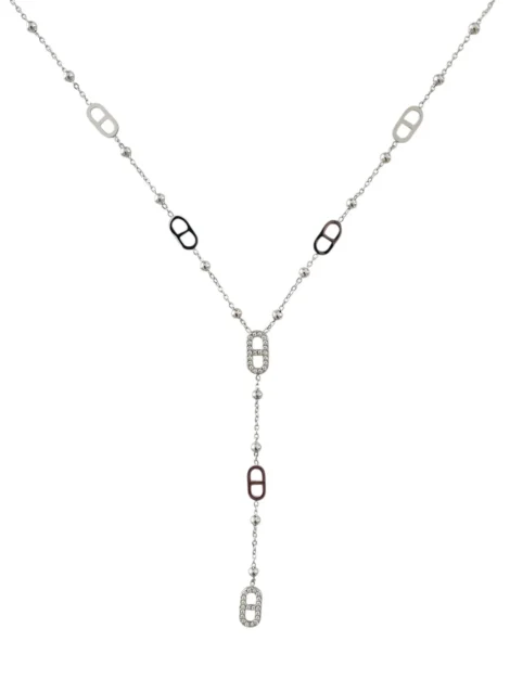 Collier Y argenté avec maillons modernes et zircons brillants.