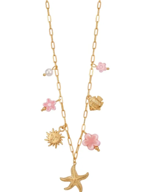 Colliers dorés avec charms fleurs, perles colorées et étoile de mer – rose