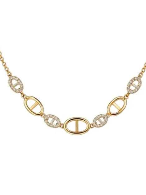 Collier doré pour femme avec maillons de marine lisses et maillons pavés d'oxydes de zirconium