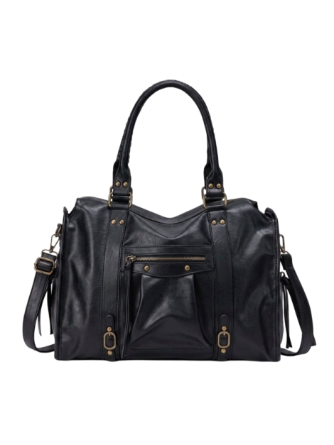 Sac à main Boston en cuir italien véritable noir avec poches zippées et détails