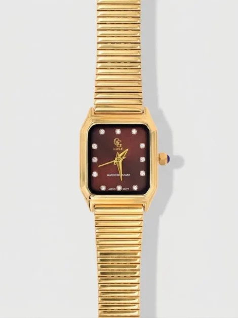 Montre CAMÉLIA dorée en acier inoxydable avec cadran marron.